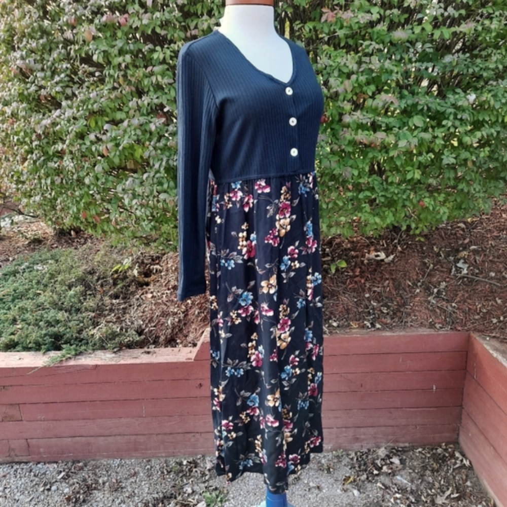 Vintage 90's Rib Knit Top Floral Midi Skirt Cottagecore Boho Dress Long Sleeve